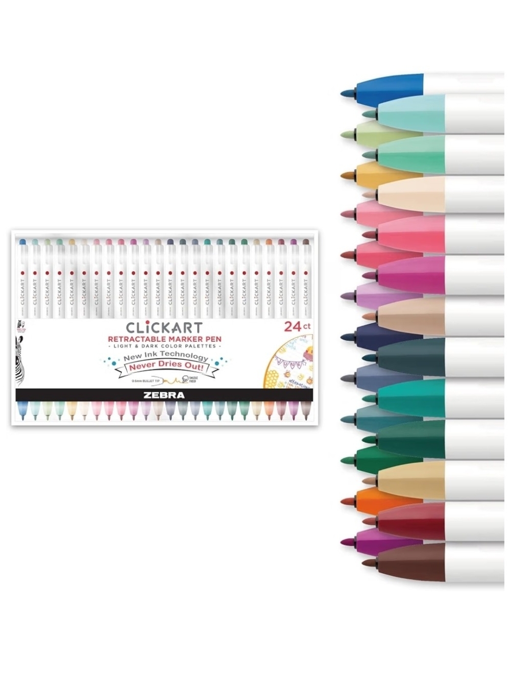 24pk Zebra Pen CLiCKART No Bleed Felt Tip Pens, 0.6mm, Moisture-Absorbing Ink